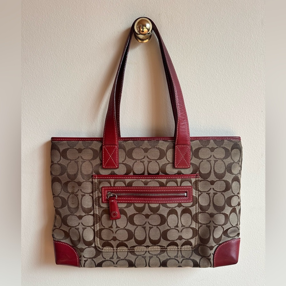 COACH Hamptons Signature Khaki Red Leather - 2000s y2k